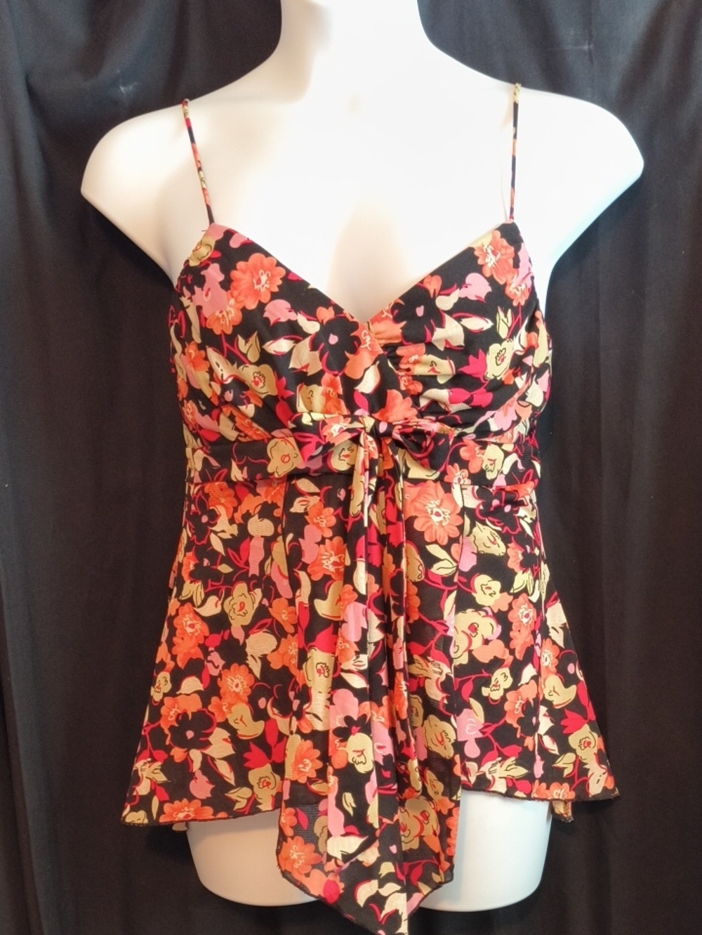 Fashion Bug Black Floral Tie-Front Camisole - Pink Orange Peach Cream.  0086